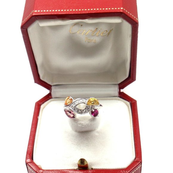 Authentic CARTIER Sorbet 18k White Gold Diamond Tourmaline Sapphire Ring Size 50 - Picture 9 of 9